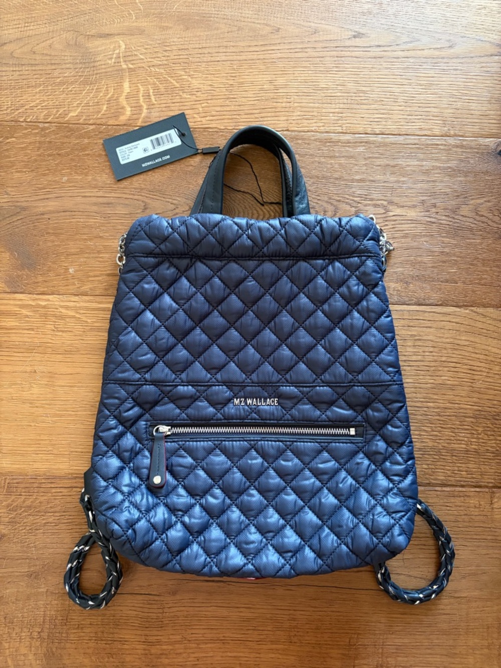 MZ Wallace Quilted Navy Nylon Backpack Tote with Silver Hardware